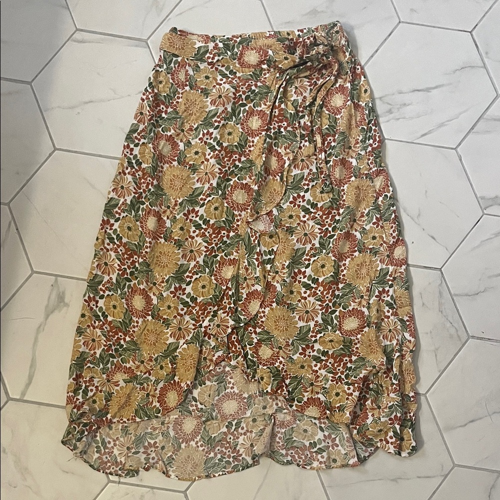 Cynthia Rowley Asymmetrical Floral Wrap Skirt - Green, Brown, Cream